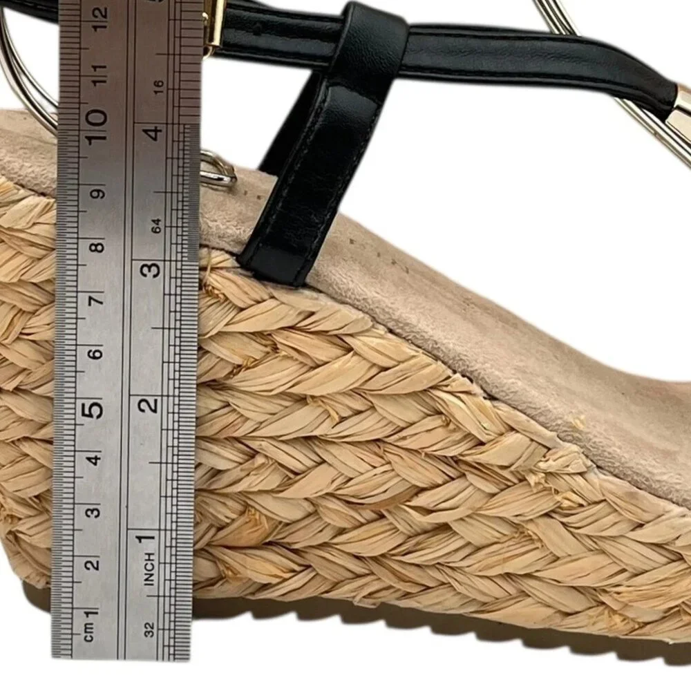 Anne Klein Akwanessa Women’s Espadrille‎ Wedge Sandals Size 9 Black-Tan Strappy